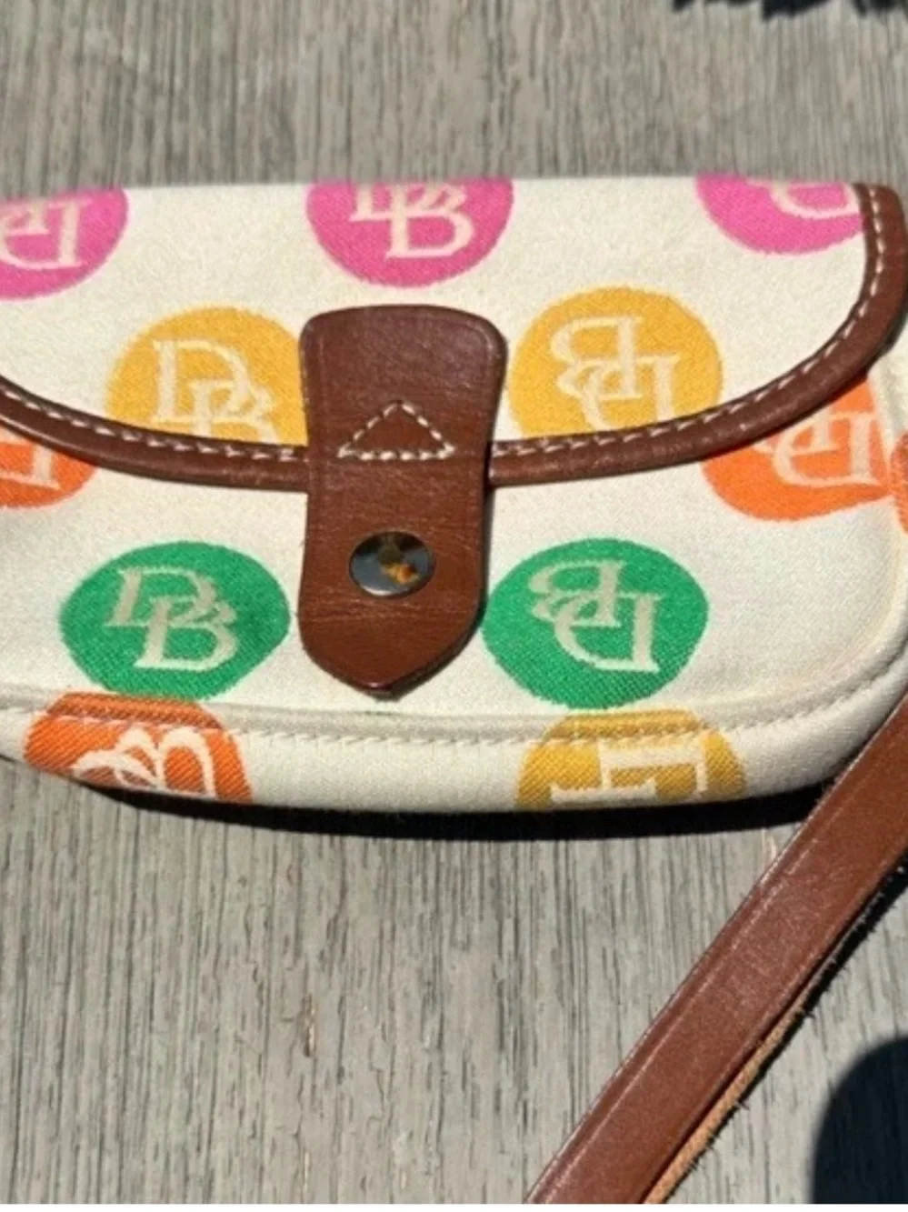 Vintage Dooney & Bourke Rainbow Monogram  Logo Dot Wristlet Cream & Brown Trim